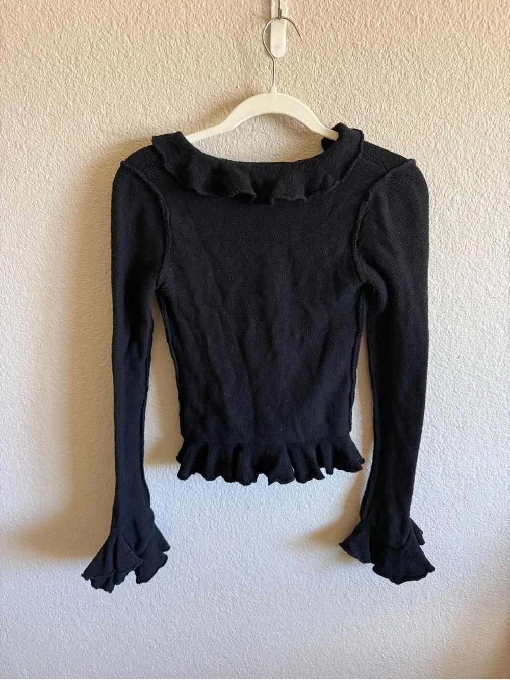 LPA Black Ruffle Sweater Cardigan Cotton and Silk Blend Button Front Size Small - Picture 7 of 8